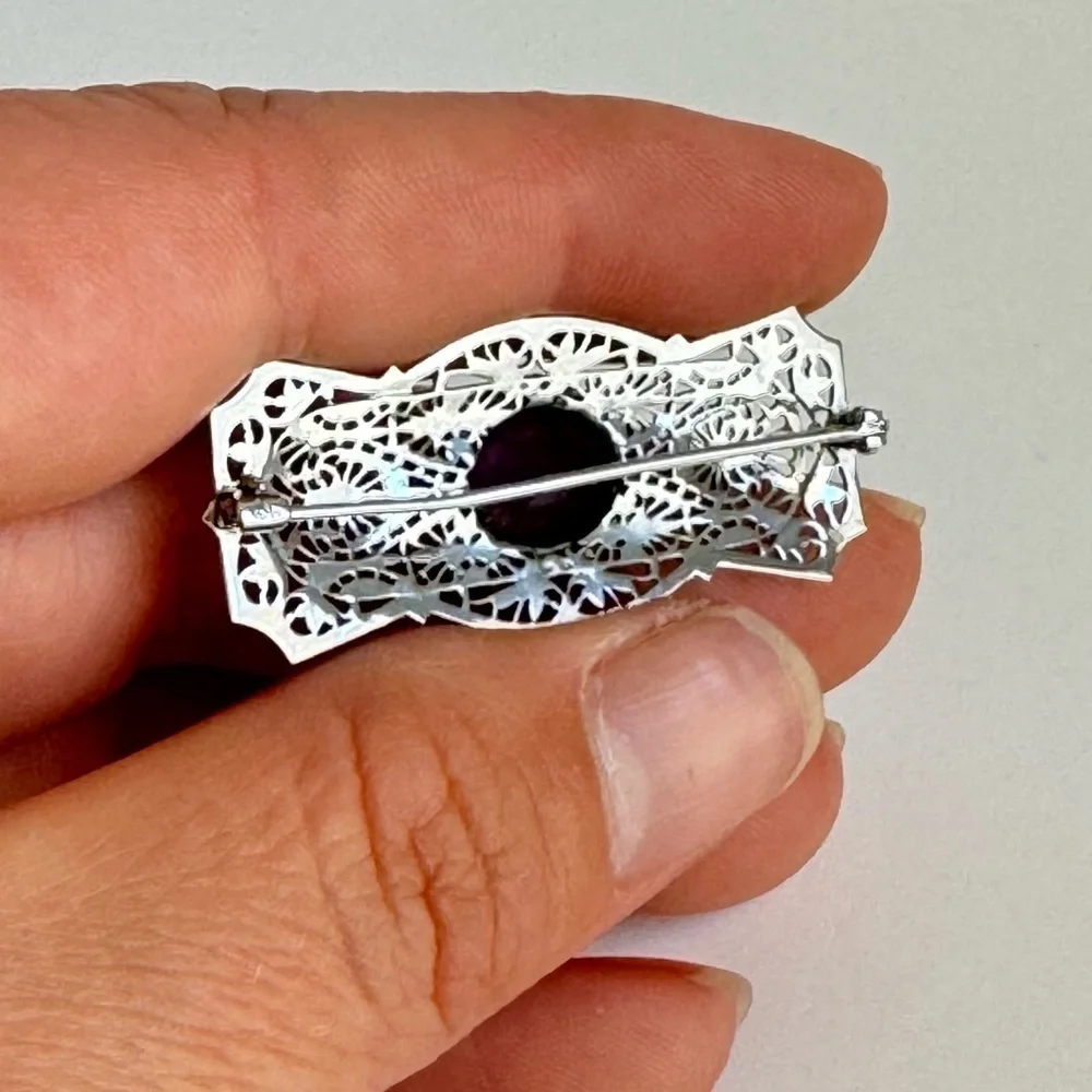 10K White Gold Filigree Brooch Amethyst Pearl Antique Ornate Pin Estate Piece‎